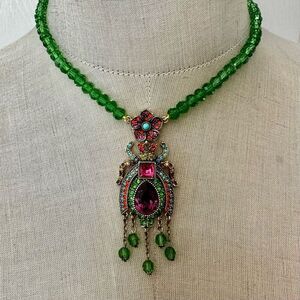 Heidi Daus Crystal Jeweled Beetle Necklace with Green Glass Beads